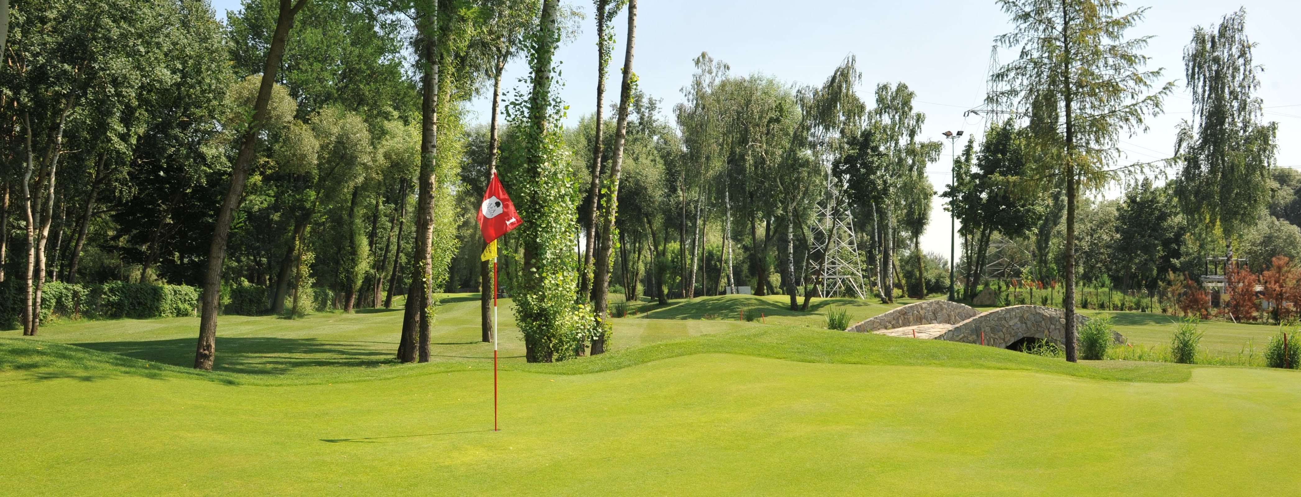 Pole golfowe A&A Arkadia w Pabianicach - strzyżony zielony fairway prowadzący w stronę greenu z chorągiewką, drzewa liściaste po bokach, kamienny mostek nad strumieniem