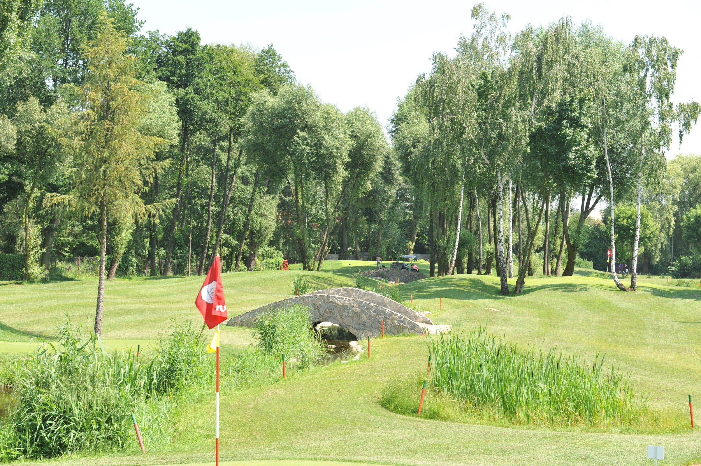 Widok na pole golfowe Arkadia w Pabianicach - zielona trawa fairwayu, drzewa w tle, jasne niebo, spokojny krajobraz