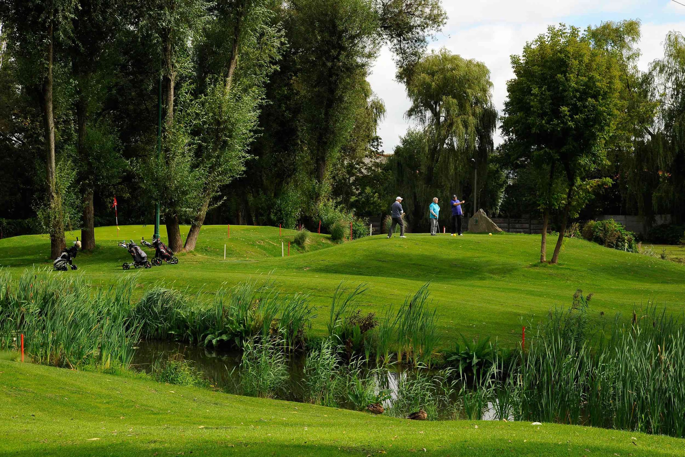 Krajobraz pola golfowego w Pabianicach z kamiennym mostkiem nad strumieniem, otoczone drzewami i zielonymi pagórkami